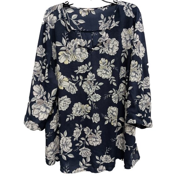 Maurices Womens BOHO Blouse Top 2X Blue Floral Chiffon 3/4 Sleeve Pullover - Picture 1 of 9